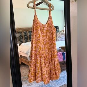 Wild Fable Daisy Print Tier Mustard Orange Spaghetti Strap Dress Medium